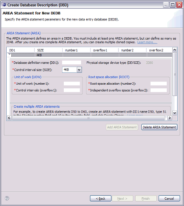 An Eclipse UI screen titled Create Database Description (DBD) with a page title of AREA Statement for New DEDB, a page overview of Specify the AREA statement parameters for the new data entry database DEDB). The AREA Statement includes an overview and each of the fields are written in English - Database definition name for DD1, for example.