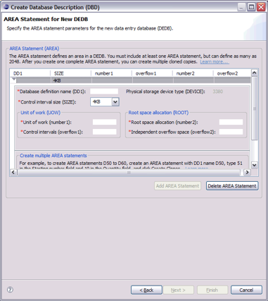 An Eclipse UI screen titled Create Database Description (DBD) with a page title of AREA Statement for New DEDB, a page overview of Specify the AREA statement parameters for the new data entry database DEDB). The AREA Statement includes an overview and each of the fields are written in English - Database definition name for DD1, for example.