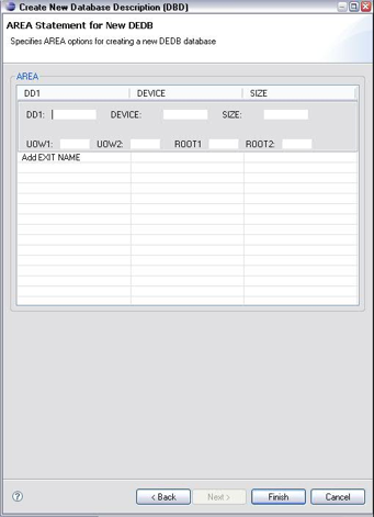 An Eclipse UI screen titled Created New Database Description (DBD) with a page title of AREA Statement for New DEDB, a page overview of Specifies AREA options for creating a new DEDB dabase, and AREA fields of DD1, DEVICE, SIZE, UOW1, UOW2, ROOT1, and ROOT2.