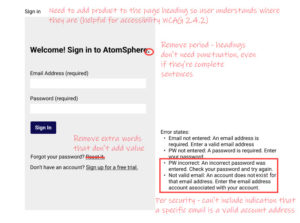 A marked up version of the initial landing page identifying the needed changes.