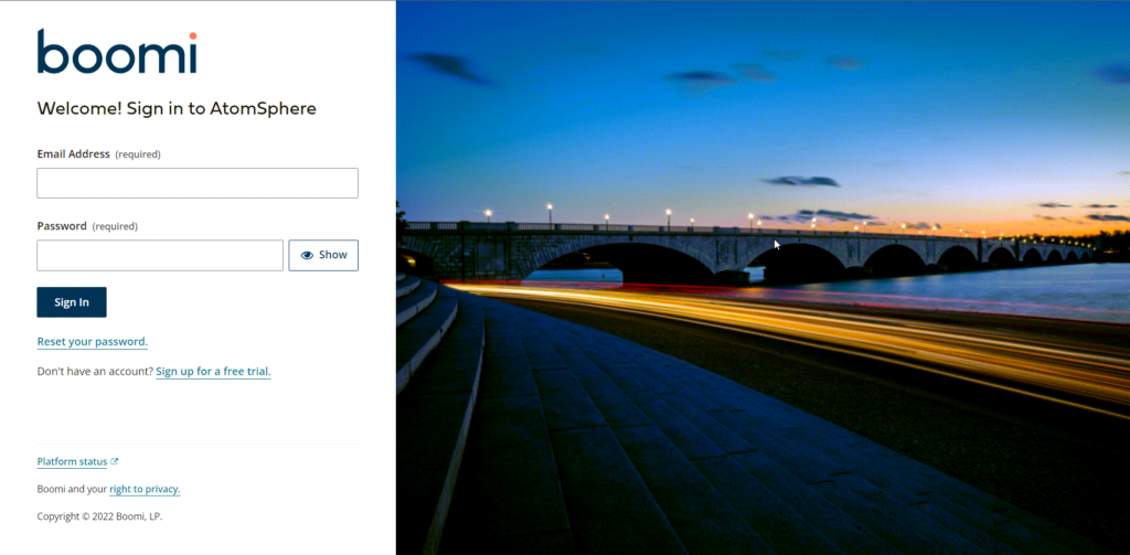 The updated landing page, featuring a responsive pane to enter the email address and password. A button reads Sign In. Additional text provides help to reset your password, sign up for a free trial, and read about platform status updates.